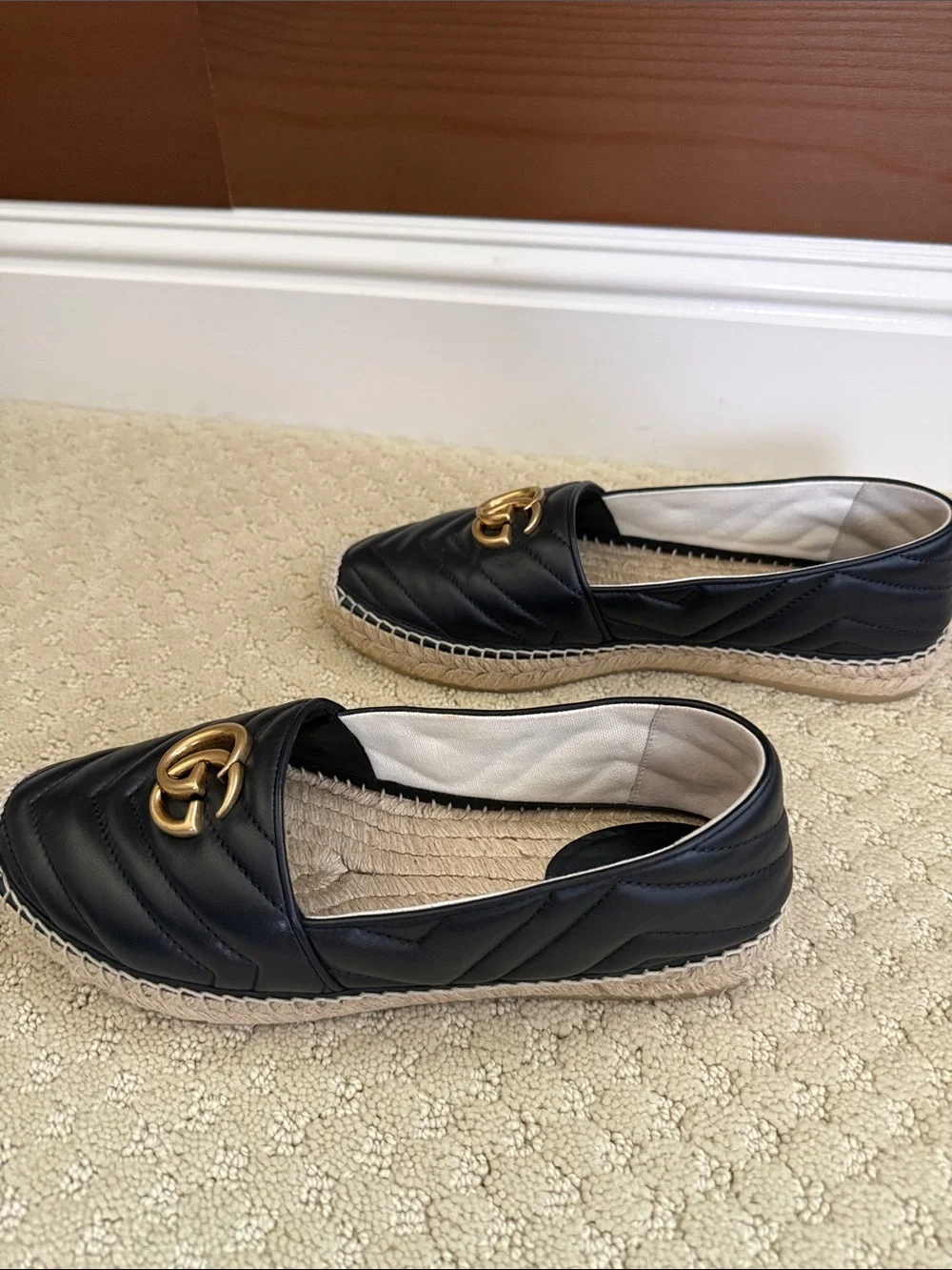 Gucci Black Quilted Leather Espadrilles with Gold Double G